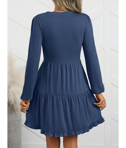 ANRABESS Womens Long Sleeve Dress 2025 Fall Casual V Neck Tiered Flowy Swing Short Mini Dresses Beach Travel Vacation Outfits