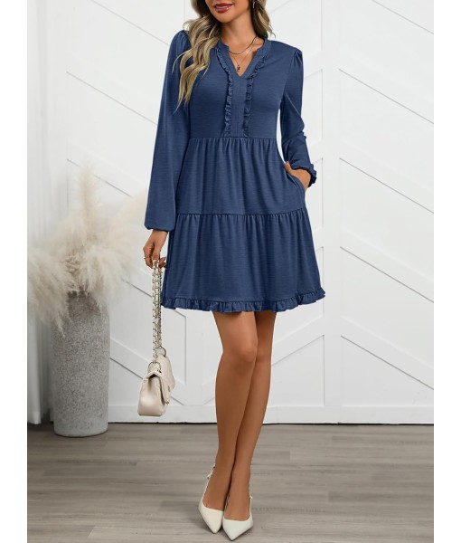 ANRABESS Womens Long Sleeve Dress 2025 Fall Casual V Neck Tiered Flowy Swing Short Mini Dresses Beach Travel Vacation Outfits