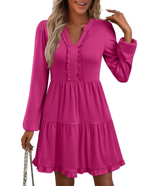 ANRABESS Womens Long Sleeve Dress 2025 Fall Casual V Neck Tiered Flowy Swing Short Mini Dresses Beach Travel Vacation Outfits