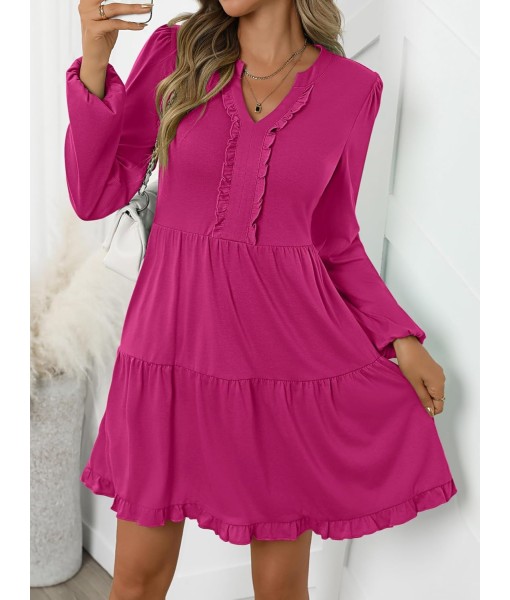 ANRABESS Womens Long Sleeve Dress 2025 Fall Casual V Neck Tiered Flowy Swing Short Mini Dresses Beach Travel Vacation Outfits