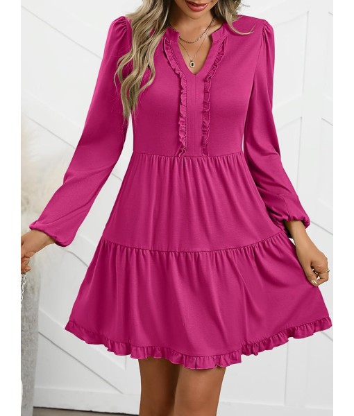 ANRABESS Womens Long Sleeve Dress 2025 Fall Casual V Neck Tiered Flowy Swing Short Mini Dresses Beach Travel Vacation Outfits