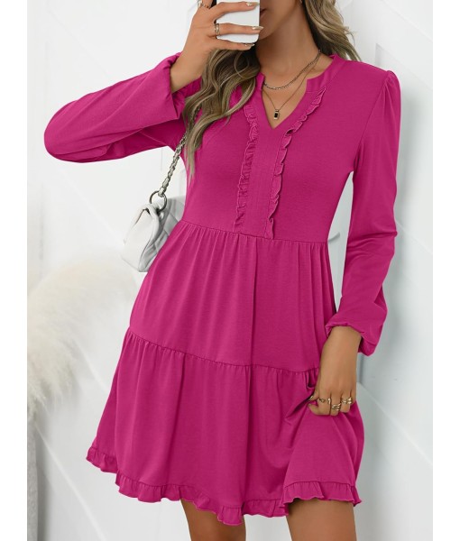 ANRABESS Womens Long Sleeve Dress 2025 Fall Casual V Neck Tiered Flowy Swing Short Mini Dresses Beach Travel Vacation Outfits