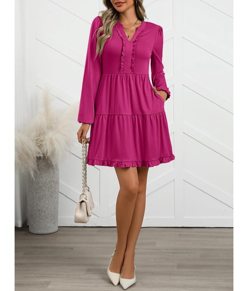 ANRABESS Womens Long Sleeve Dress 2025 Fall Casual V Neck Tiered Flowy Swing Short Mini Dresses Beach Travel Vacation Outfits