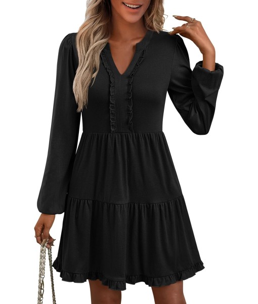 ANRABESS Womens Long Sleeve Dress 2025 Fall Casual V Neck Tiered Flowy Swing Short Mini Dresses Beach Travel Vacation Outfits