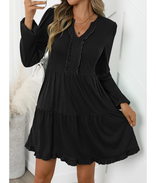 ANRABESS Womens Long Sleeve Dress 2025 Fall Casual V Neck Tiered Flowy Swing Short Mini Dresses Beach Travel Vacation Outfits