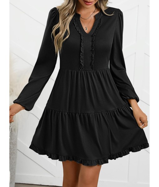 ANRABESS Womens Long Sleeve Dress 2025 Fall Casual V Neck Tiered Flowy Swing Short Mini Dresses Beach Travel Vacation Outfits