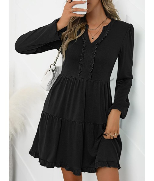 ANRABESS Womens Long Sleeve Dress 2025 Fall Casual V Neck Tiered Flowy Swing Short Mini Dresses Beach Travel Vacation Outfits