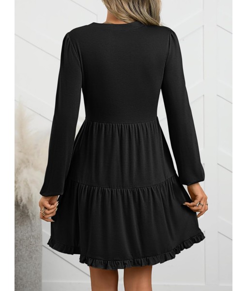 ANRABESS Womens Long Sleeve Dress 2025 Fall Casual V Neck Tiered Flowy Swing Short Mini Dresses Beach Travel Vacation Outfits