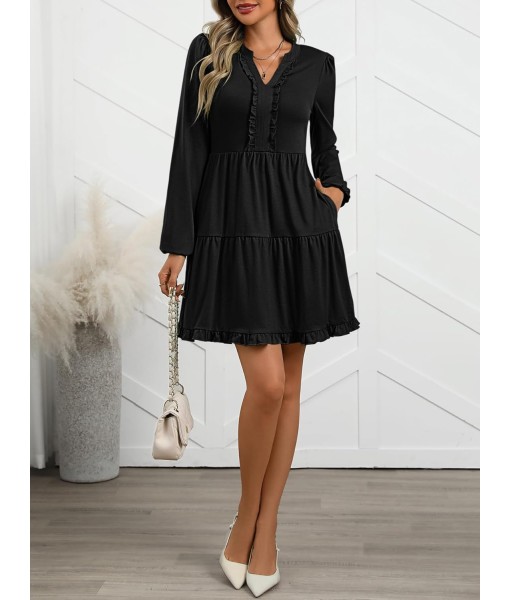 ANRABESS Womens Long Sleeve Dress 2025 Fall Casual V Neck Tiered Flowy Swing Short Mini Dresses Beach Travel Vacation Outfits