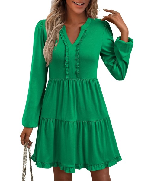 ANRABESS Womens Long Sleeve Dress 2025 Fall Casual V Neck Tiered Flowy Swing Short Mini Dresses Beach Travel Vacation Outfits