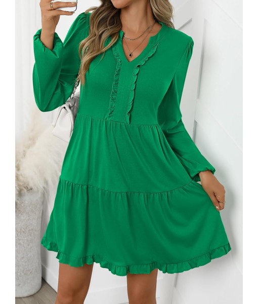 ANRABESS Womens Long Sleeve Dress 2025 Fall Casual V Neck Tiered Flowy Swing Short Mini Dresses Beach Travel Vacation Outfits