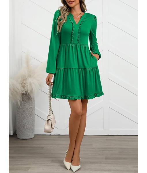 ANRABESS Womens Long Sleeve Dress 2025 Fall Casual V Neck Tiered Flowy Swing Short Mini Dresses Beach Travel Vacation Outfits