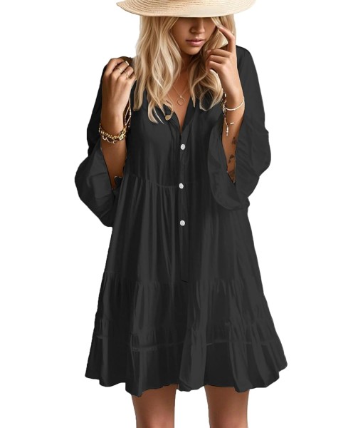 Summer Dresses for Women 2025 Flowy Ruffle 3/4 Sleeve V Neck Tiered Casual Babydoll Boho Beach Mini Dress