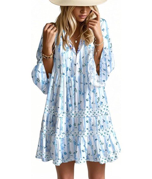 Summer Dresses for Women 2025 Flowy Ruffle 3/4 Sleeve V Neck Tiered Casual Babydoll Boho Beach Mini Dress