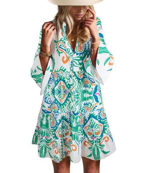 Summer Dresses for Women 2025 Flowy Ruffle 3/4 Sleeve V Neck Tiered Casual Babydoll Boho Beach Mini Dress
