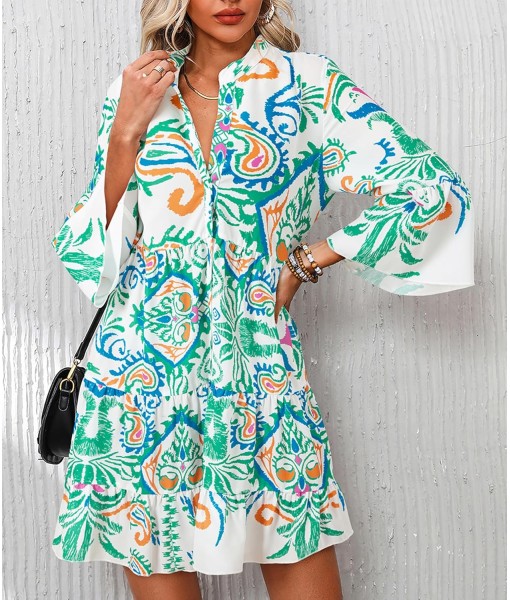 Summer Dresses for Women 2025 Flowy Ruffle 3/4 Sleeve V Neck Tiered Casual Babydoll Boho Beach Mini Dress