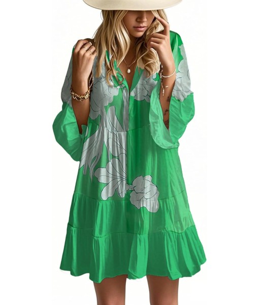 Summer Dresses for Women 2025 Flowy Ruffle 3/4 Sleeve V Neck Tiered Casual Babydoll Boho Beach Mini Dress