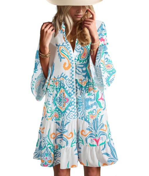 Summer Dresses for Women 2025 Flowy Ruffle 3/4 Sleeve V Neck Tiered Casual Babydoll Boho Beach Mini Dress