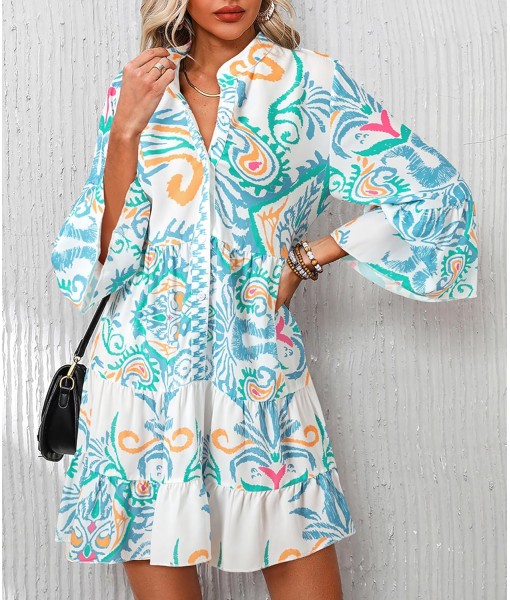 Summer Dresses for Women 2025 Flowy Ruffle 3/4 Sleeve V Neck Tiered Casual Babydoll Boho Beach Mini Dress