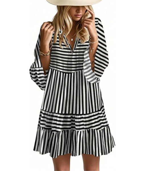 Summer Dresses for Women 2025 Flowy Ruffle 3/4 Sleeve V Neck Tiered Casual Babydoll Boho Beach Mini Dress