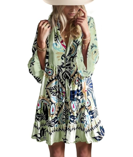 Summer Dresses for Women 2025 Flowy Ruffle 3/4 Sleeve V Neck Tiered Casual Babydoll Boho Beach Mini Dress