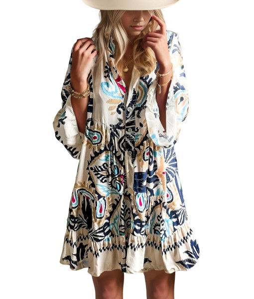 Summer Dresses for Women 2025 Flowy Ruffle 3/4 Sleeve V Neck Tiered Casual Babydoll Boho Beach Mini Dress