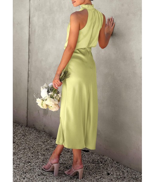 PRETTYGARDEN Women's 2025 Summer Satin Dress Elegant Sleeveless Mock Neck Cocktail Party Maxi Dresses