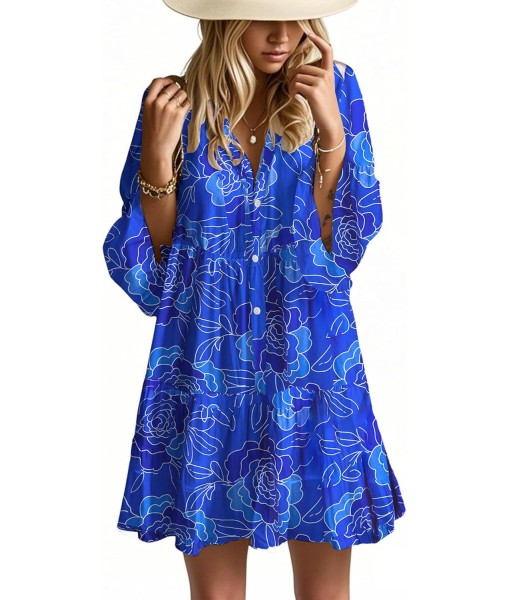 Summer Dresses for Women 2025 Flowy Ruffle 3/4 Sleeve V Neck Tiered Casual Babydoll Boho Beach Mini Dress