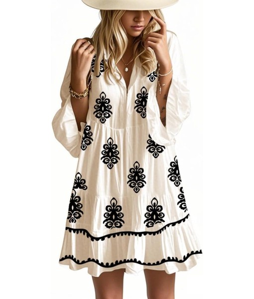 Summer Dresses for Women 2025 Flowy Ruffle 3/4 Sleeve V Neck Tiered Casual Babydoll Boho Beach Mini Dress