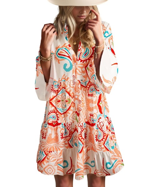 Summer Dresses for Women 2025 Flowy Ruffle 3/4 Sleeve V Neck Tiered Casual Babydoll Boho Beach Mini Dress