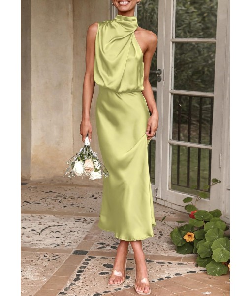 PRETTYGARDEN Women's 2025 Summer Satin Dress Elegant Sleeveless Mock Neck Cocktail Party Maxi Dresses