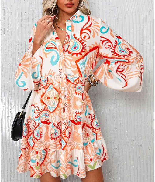 Summer Dresses for Women 2025 Flowy Ruffle 3/4 Sleeve V Neck Tiered Casual Babydoll Boho Beach Mini Dress