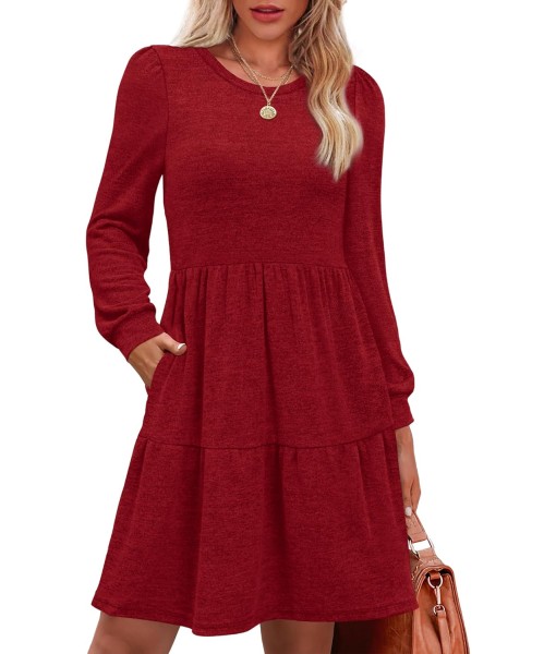 OFEEFAN Womens Long Sleeve Fall Dresses with Pockets Crew Neck Babydoll Casual Winter Dress 2025
