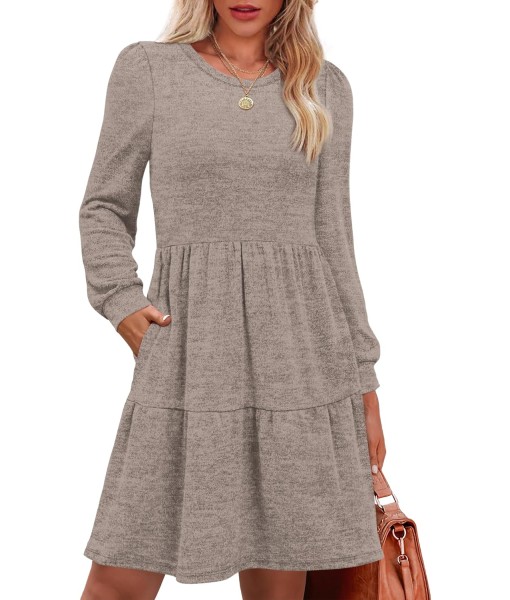 OFEEFAN Womens Long Sleeve Fall Dresses with Pockets Crew Neck Babydoll Casual Winter Dress 2025