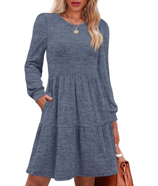 OFEEFAN Womens Long Sleeve Fall Dresses with Pockets Crew Neck Babydoll Casual Winter Dress 2025