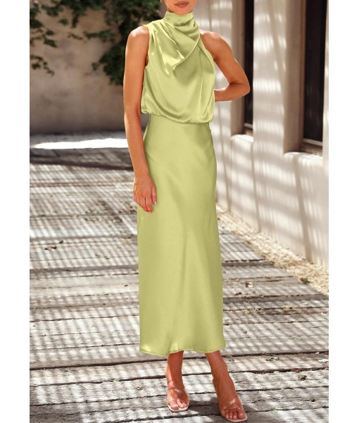 PRETTYGARDEN Women's 2025 Summer Satin Dress Elegant Sleeveless Mock Neck Cocktail Party Maxi Dresses