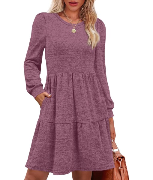 OFEEFAN Womens Long Sleeve Fall Dresses with Pockets Crew Neck Babydoll Casual Winter Dress 2025