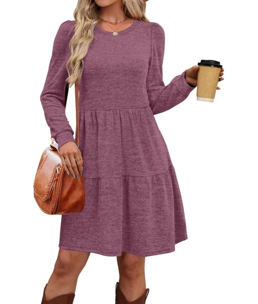 OFEEFAN Womens Long Sleeve Fall Dresses with Pockets Crew Neck Babydoll Casual Winter Dress 2025
