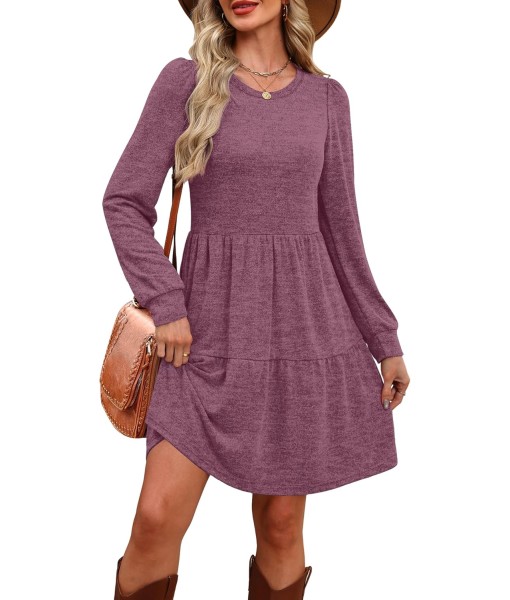OFEEFAN Womens Long Sleeve Fall Dresses with Pockets Crew Neck Babydoll Casual Winter Dress 2025