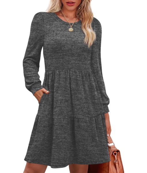 OFEEFAN Womens Long Sleeve Fall Dresses with Pockets Crew Neck Babydoll Casual Winter Dress 2025