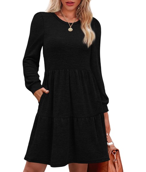 OFEEFAN Womens Long Sleeve Fall Dresses with Pockets Crew Neck Babydoll Casual Winter Dress 2025