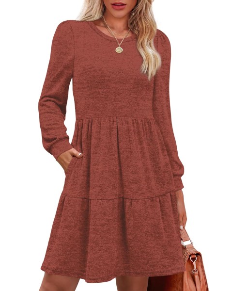 OFEEFAN Womens Long Sleeve Fall Dresses with Pockets Crew Neck Babydoll Casual Winter Dress 2025