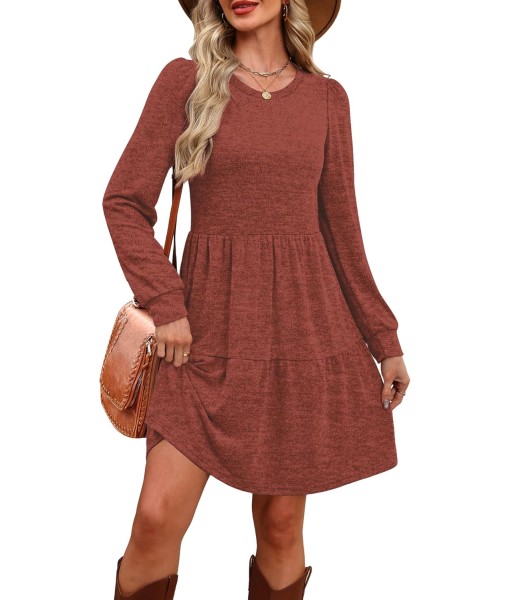 OFEEFAN Womens Long Sleeve Fall Dresses with Pockets Crew Neck Babydoll Casual Winter Dress 2025