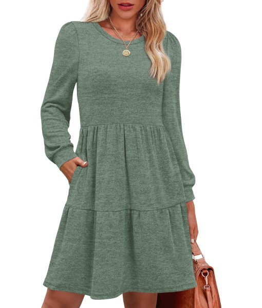 OFEEFAN Womens Long Sleeve Fall Dresses with Pockets Crew Neck Babydoll Casual Winter Dress 2025