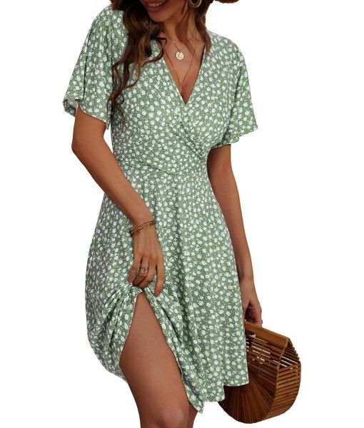 FENSACE Womens Sundress Summer Floral Short Sleeve Wrap V Neck A-Line Midi Dress