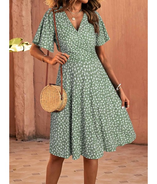 FENSACE Womens Sundress Summer Floral Short Sleeve Wrap V Neck A-Line Midi Dress