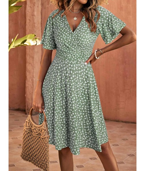 FENSACE Womens Sundress Summer Floral Short Sleeve Wrap V Neck A-Line Midi Dress