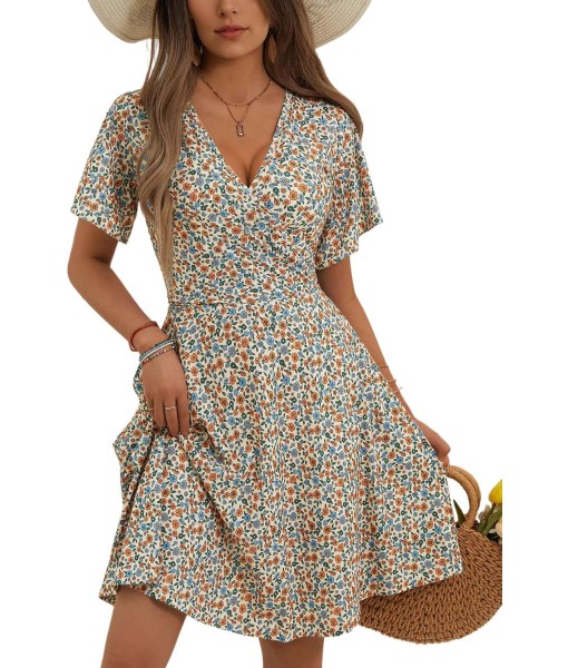 FENSACE Womens Sundress Summer Floral Short Sleeve Wrap V Neck A-Line Midi Dress