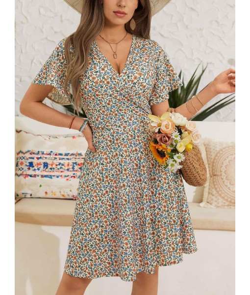 FENSACE Womens Sundress Summer Floral Short Sleeve Wrap V Neck A-Line Midi Dress