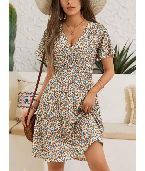 FENSACE Womens Sundress Summer Floral Short Sleeve Wrap V Neck A-Line Midi Dress